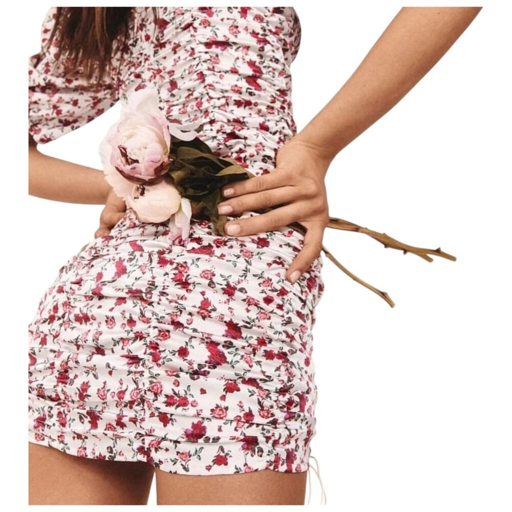 For Love & Lemons White Floral Ruched Mini Dress Sweetheart S - Picture 9 of 12